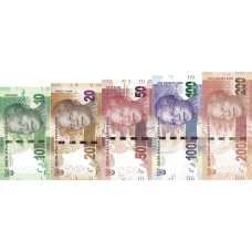 P138-142 South Africa - 10,20,50,100 & 200 Rand Year 2013/2016 (5 Notes)